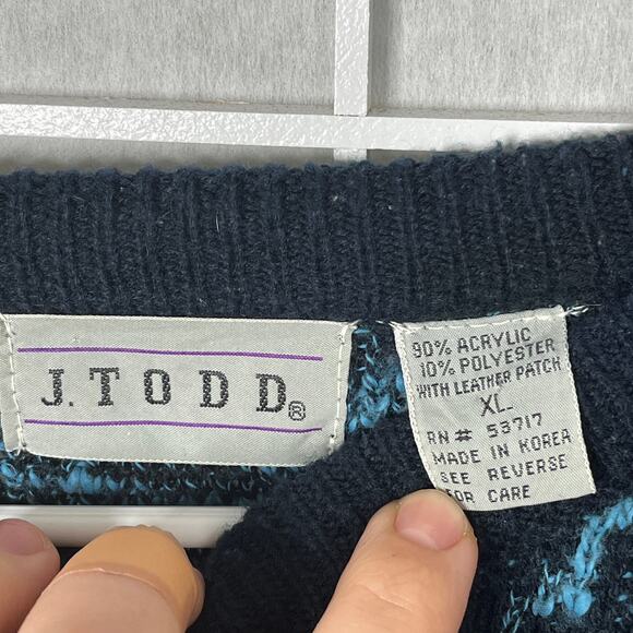 J TODD Vintahe 80s 90s Geometric Stripes Ugly Sweater Leather Panels Oversized - Picture 5 of 5